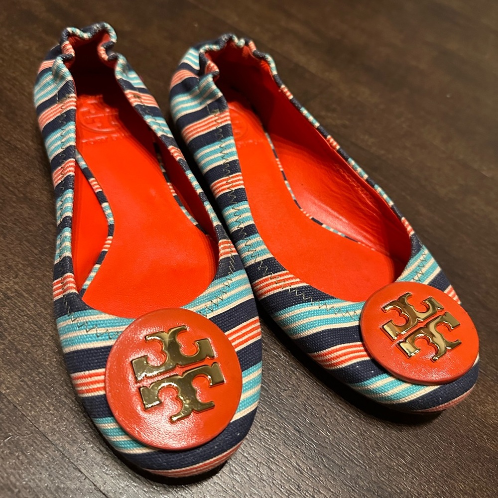 Tory Burch Reva Printed Canvas Stripe Ballet Flats Habanero Pepper